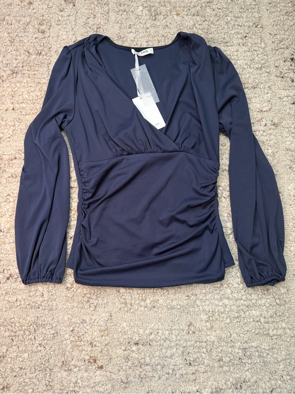 Grace Karin Navy Ruched V-Neck Long Sleeve Blouse
